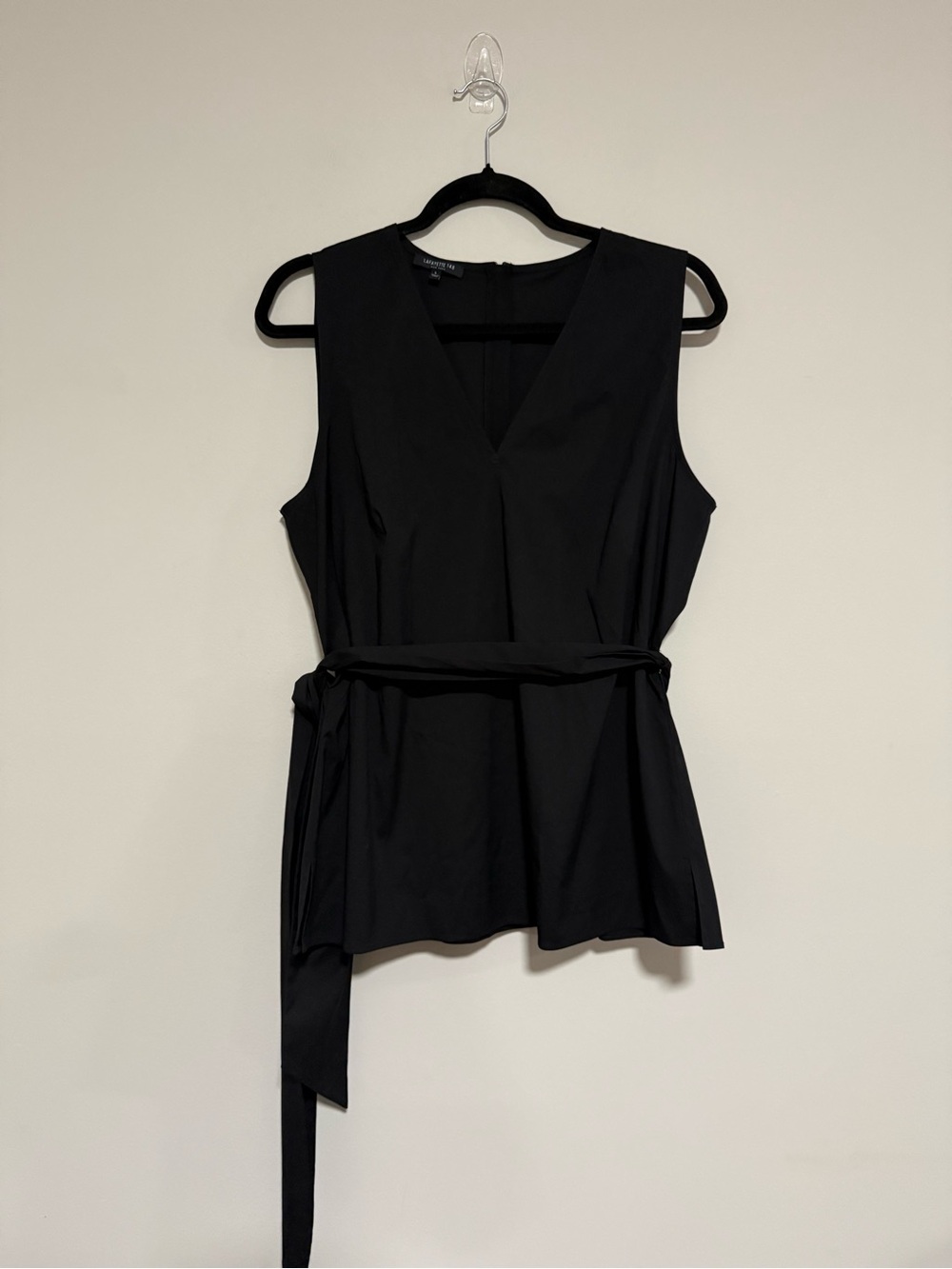 Lafayette 148 Black Sleeveless V-Neck Top with Waist Tie Large Office Classic
